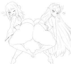 2girls :d ass_cleavage ass_to_ass barefoot big_ass bottom_heavy butt_crack fangs gawr_gura gigantic_ass happy heart heart-shaped_pupils highleg hololive hololive_english hololive_english_-advent- hololive_myth hyper_ass hyper_thighs koseki_bijou leotard thanuki thanukiart thick_thighs topwear virtual_youtuber wide_hips