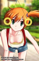 1girls asymmetrical_hair blue_shorts blush crop_top denim denim_shorts female female_only game_freak gen_1_pokemon green_eyes gym_leader hair_tie highres hypnosis kasumi_(pokemon) mind_control nintendo nipples orange_hair pendulum pokemon pokemon_(anime) pokemon_(classic_anime) pokemon_rgby ponytail shorts side_ponytail sleeveless smile smilingdog solo suspender_shorts suspenders