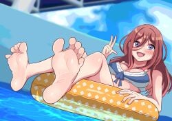 artofadam blue_eyes brown_hair feet go-toubun_no_hanayome long_hair nakano_miku quintuplets smile swimsuit