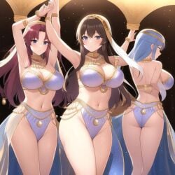 3girls ai_generated arabian_clothes armlets ass belly_dancer belly_dancer_outfit black_hair blue_bra blue_eyes blue_hair blue_panties bra bracelets breasts easyimage harem harem_outfit hood large_breasts long_hair midriff navel necklace original panties red_hair showgirl_skirt