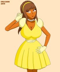 1girls breasts brown_eyes brown_hair domestication dress emlc3690 gloves hairband housewife large_breasts long_hair looking_at_viewer necklace original pearl_necklace stepford_wife stepfordization yellow_dress