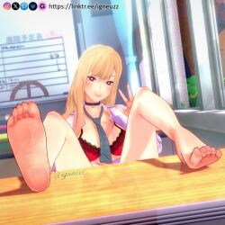 1girls barefoot big_feet bikini blonde_hair breasts feet female foot_fetish foot_focus gyaru igneuzz kitagawa_marin large_breasts long_hair long_toes meaty_soles nail_polish presenting_feet purple_nails red_eyes sitting smile soles solo solo_female sono_bisque_doll_wa_koi_wo_suru toes wrinkled_feet wrinkled_soles