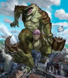 abs anthro balls big_penis carnak_(carpo) city crocodile crocodilian crocodylid destruction erection genitals hi_res macro male male_only muscular muscular_anthro muscular_male nude penis reptile scalie shaneinvasion solo