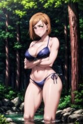 1girls ai_generated arisato_yu bikini blush bra breast_hold breasts brown_eyes crossed_arms female jujutsu_kaisen kugisaki_nobara large_breasts panties short_hair solo thick_thighs underwear