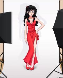 1boy black_eyes black_hair breast_implants breasts calem_(pokemon) crossdressing dress femboy feminization hair_ribbon hand_on_hip high_heels large_breasts long_hair looking_at_viewer mirror mirror_reflection modeling nintendo no_bra no_panties photoshoot pokemon pokemon_xy red_dress riouku