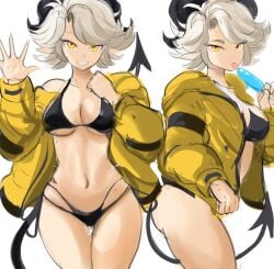 1girls big_breasts bikini breasts golden_eyes horns original popsicle rakeemspoon smile susan_(rakeemspoon) tail thick_thighs white_hair