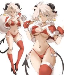 1girls bell big_breasts bra breasts christmas christmas_clothing christmas_outfit gloves golden_eyes heels horns original panties rakeemspoon red_gloves susan_(rakeemspoon) tail white_hair