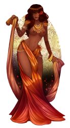 1girl belly_dancer braless brown_hair clover-teapot color colored dark-skinned_female deviantart flower_in_hair harem_girl harem_outfit large_breasts loincloth long_hair necklace no_sex orange_eyes original original_character shirtless tattoos topless topless_female uncensored