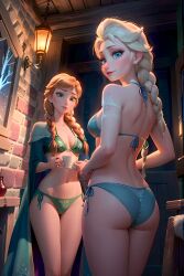 2girls ai_generated ai_hands anna_(frozen) blue_eyes detailed disney disney_princess elsa_(frozen) female frozen_(film) ginger_hair green_eyes high_quality long_hair looking_at_viewer petite photorealistic realistic seductive sensitive sisters white_hair
