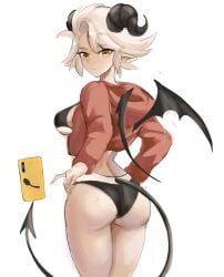 1girls 2021 ass ass_focus black_bra black_panties bra breasts female_focus golden_eyes horns original panties phone rakeemspoon selfie susan_(rakeemspoon) tail thighs white_hair