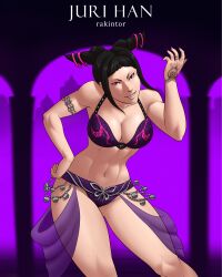 1girls armlet athletic_female belly_dancer belly_dancer_outfit black_hair capcom fit_female hair_horns harem_girl harem_outfit juri_han large_breasts looking_at_viewer purple_eyes rakintor street_fighter tattoo