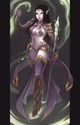 armored_boots armored_gloves black_hair bocas_top clover-teapot dungeons_and_dragons elf elf_ears hair_ornament large_breasts long_hair looking_at_viewer original original_character pointy_ears purple_skin silver_eyes thigh_boots unconvincing_armor