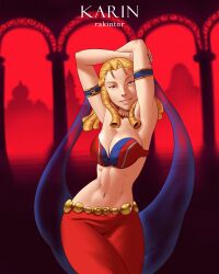 1girls armlet armpits arms_up athletic_female belly_dancer belly_dancer_outfit blonde_hair capcom cleavage fit_female harem_girl harem_outfit harem_pants karin_kanzuki large_breasts necklace rakintor street_fighter veil