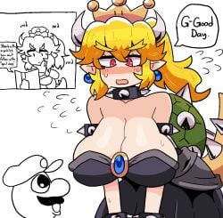 1boy 1boy1girl 1girls big_breasts blonde_hair blush bowsette breasts cleavage clothed_female crown doodle english_text female genderswap_(mtf) light-skinned_female looking_at_breasts male mario mario_(series) mustache new_super_mario_bros._u_deluxe nintendo notnoe_(dxcl) pointy_ears red_eyes request rule_63 shell super_crown super_mario_bros. sweat tail text text_bubble white_background