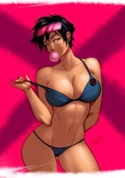 1girls asian asian_female bikini black_hair blowing_bubblegum bubble_gum cleavage gray_eyes grey_eyes imminent_undressing inviting jubilation_lee jubilee large_breasts looking_at_viewer marvel marvel_comics rakintor short_hair sunglasses_on_head x-men