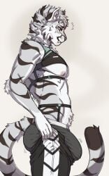 2023 anthro areola ass athletic athletic_anthro athletic_male big_bulge black_body black_fur bulge clothing felid fur grey_body grey_fur hi_res kasusei len_(extremedash) looking_down male mammal maremare pantherine sei_kasu solo striped_body striped_fur stripes tiger tight_pants_(meme) underwear white_body white_fur