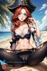 1girls ai_generated artsbuyu bangs beach bikini black_bra black_leggings black_pants blue_eyes blush bra cameltoe detached_sleeves embarrassed frilled_bikini hair_between_eyes hair_ornament hat hi_res league_of_legends leggings long_hair looking_at_viewer medium_breasts miss_fortune navel pants pirate_hat red_hair sitting spread_legs stable_diffusion