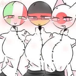 3girls blush breasts business_suit business_woman clothed_female countryhumans countryhumans_girl german_text germany_(countryhumans) glasses italy_(countryhumans) japan_(countryhumans) kak0yt0_chel looking_at_viewer tagme