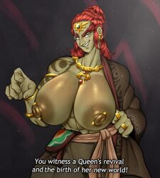 1girls abs areola armband big_areola big_breasts big_nipples bracelet breasts busty detnox ear_piercing earrings female female_only ganda ganondorf ganondorf_(tears_of_the_kingdom) green-skinned_female green_skin huge_breasts large_breasts looking_at_viewer muscular muscular_female nipple_piercing nipples no_bra piercing presenting presenting_breasts ring robes rule_63 solo solo_female talking_to_viewer tattoo tears_of_the_kingdom the_legend_of_zelda