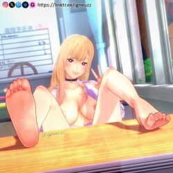 1girls barefoot big_feet bikini blonde_hair breasts feet female female_focus female_only foot_fetish foot_focus gyaru igneuzz kitagawa_marin large_breasts light-skinned_female light_skin long_fingernails long_hair long_toes meaty_soles nail_polish pale-skinned_female pale_skin presenting_feet purple_nails red_eyes sitting smile soles solo solo_female sono_bisque_doll_wa_koi_wo_suru toes wrinkled_feet wrinkled_soles