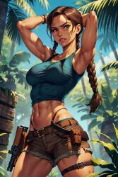 ai_generated aig1587 belt blue_shirt brown_eyes brown_hair jungle lara_croft lara_croft_(ai_generated) long_hair shorts t-shirt tomb_raider