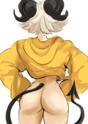 1girls ass behind_view big_ass bottomless horns original rakeemspoon susan_(rakeemspoon) tail white_hair yellow_hoodie