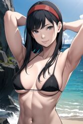 1girls ai_generated amagi_yukiko armpit_crease armpit_fetish armpit_peek armpit_pose armpit_sex_invitation armpits arms_behind_head arms_up asian asian_female atlus beach bikini black_bikini black_hair breasts day daytime female female_only grey_eyes light-skinned light-skinned_female looking_at_viewer murasei-ten nai_diffusion navel outdoors persona persona_4 presenting_armpit presenting_armpits red_hairband solo solo_female stable_diffusion