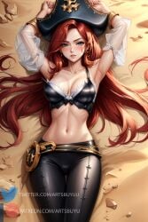 1girls ai_generated arms_up artsbuyu bangs bikini black_bra black_leggings black_pants blue_eyes blush bra cameltoe detached_sleeves embarrassed frilled_bikini hair_between_eyes hair_ornament hat hi_res league_of_legends leggings legs_together long_hair looking_at_viewer lying medium_breasts miss_fortune navel on_back pants parted_lips pirate_hat red_hair stable_diffusion