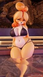 1girls 3d 3d_(artwork) animal_crossing anthro big_breasts bikini black_bikini breasts canine cleavage dividebyzero domestic_dog female female_only front_view fur furry isabelle_(animal_crossing) large_breasts looking_at_viewer mammal navel nintendo orange_eyes partially_submerged shih_tzu solo swimsuit tagme thick_thighs water wide_hips yellow_body yellow_fur