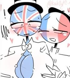 2girls blush countryhumans countryhumans_girl female/female france_(countryhumans) hearts_around_head holding_breast kak0yt0_chel nervous touching_breast united_kingdom_(countryhumans) untied_bra