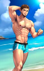 1boy 1male 1man ai_generated bara bara_tiddies bara_tits beach brown_eyes deltoids gay gay_male hairy large_pecs large_pectorals light_brown_hair male_focus male_nipples male_only man man_boobs man_breasts man_tits manly muscle muscles muscular muscular_male nexusgarden pecs pectorals sea swimming_trunks