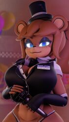 1girls 3d 3d_(artwork) absurd_res alternate_version_available anthro anthro_only armwear big_breasts blue_eyes breasts brown_fur cally3d clazzey clothed clothing cryptiacurves curvy fazclaire's_nightclub female female_only five_nights_at_freddy's fnaf freckles freddy_(fnaf) fredina's_nightclub fredina_(cally3d) frenni frenni_(cryptia) frenni_fazclaire furry furry_only hat looking_at_viewer microphone ponytail pths scottgames solo solo_female