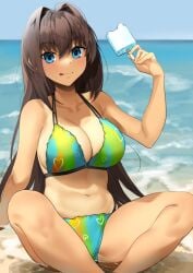 aozaki_aoko beach big_breasts blue_eyes brown_hair cleavage female female_only licking_lips long_hair looking_at_viewer mahou_tsukai_no_yoru popsicle sitting smile solo spread_legs swimsuit tan_skin tanline tsukihime type-moon water