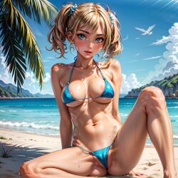 1girls ai_generated beach blonde_hair blue_eyes bubbles_(powerpuff_girls) cartoon_network female_only highres large_breasts leolalion micro_bikini powerpuff_girls pussy_peek spread_legs stable_diffusion toned toned_female twintails wedgie