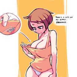 anime_style big_breasts black_eyes black_hair blush breasts city fingers giantess kh14us looking_down macrophilia nipple panties red_hair short_hair shrunk shrunken speech_bubble text thighs twitter white_background yellow_background yellow_shirt