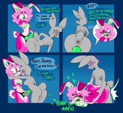 absurd_res anthro blush breasts comic comic_panel dildo duo female female/female fur hi_res humor lagomorph leporid mammal moan olive_cow penetration pink_body pink_fur presenting rabbit sashathebunny sex sex_toy speech_bubble strapon strapon_sex toying_partner vaginal_penetration