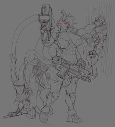 4_arms abs centaur clariarikari cybernetics cyberpunk female gun large_breasts le_fay mechanical mechanical_arm monochrome multi_arm multi_limb muscular muscular_female red_eyes sleeves taur tentacle threatening violence weapon