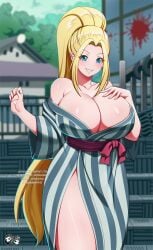 1girls beatrix_amerhauser blonde_female blonde_hair blood blood_stain cleavage german giant_breasts hourglass_figure huge_breasts jadenkaiba kimono long_hair onsen ponytail thick_thighs zom_100_zombie_ni_naru_made_ni_shitai_100_no_koto