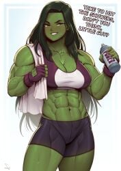 1girls abs absurd_res adonis_belt after_workout artist_signature biceps big_breasts cleavage clothed cowboy_shot dialogue english_text female female_only fingerless_gloves gloves green-skinned_female green_body green_eyes green_hair green_skin hi_res hulk_(series) large_breasts long_hair looking_at_viewer marvel marvel_comics midriff muscles muscular muscular_female navel obliques parted_lips she-hulk shorts signature simple_background smile solo speedl00ver sports_bra sports_shorts sweat talking_to_viewer text veins veiny_muscles white_background workout_clothes