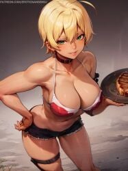 1girls ai_assisted ai_generated big_breasts bikini_top blonde_hair choker cleavage curvy dark-skinned_female dark_skin erotic_nansensu food green_eyes grin leaning_forward midriff mito_ikumi navel shokugeki_no_souma short_hair short_shorts smile teeth thigh_strap thighs voluptuous