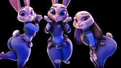 5_fingers absurd_res anthro ass badge black_background bodysuit clothing disney eyes female female_focus female_only furry judy_hopps nsfw nugter open_eyes png police_uniform rabbit rabbit_humanoid sfm smile source_filmmaker standing sticking_out_tongue tail tight_clothing zootopia