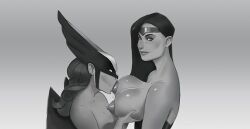 2girls big_breasts breast_sucking breasts dc dc_comics dcau diana_prince female female_only hawkgirl hawkman_(series) helmet heroine justice_league large_breasts looking_at_viewer monochrome nipples piraart_(artist) shayera_hol sucking_nipples superheroine thanagarian tiara wings wonder_woman wonder_woman_(series) yuri