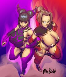 2girls arms_linked artist_name avatar_legends avatar_the_last_airbender azula big_breasts breasts cleavage crossover duo female fire_nation huge_breasts interlocked_arms juri_han modaw smug standing stirrup_legwear street_fighter toes villainess