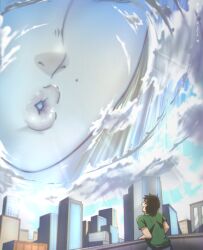 anime_style atmosphere atmospheric blonde_hair building city cityscape close-up destruction earth giantess goddess green_eyes kiss kissing lips long_hair macrophilia mouth perspective picojin pixiv planet pov universe view vore