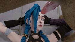 3d arcane arcane_jinx blue_hair canine cock female female_human jinx_(league_of_legends) laying_down laying_on_back league_of_legends male_feral male_feral/female_human riot_games sleepy staring_at_penis