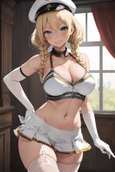 ai_generated ass big_breasts blonde_hair blue_eyes cheerleader cheerleader_uniform general milf navy_hat thick_thighs