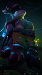 2023 3d_(artwork) 3dsmax 4k 9:16 absurd_res anthro anus ass black_hair black_nose blizzard_entertainment blue_eyes bottomwear bottomwear_down canid chair claws clothed clothing computer_monitor cybernetics cyberpunk cyberpunk_2077 destiney_crawford_(thatworgen) digital_media_(artwork) digitigrade feet female foot_fetish foot_focus fur furniture futuristic genitals hair hi_res looking_at_viewer machine mammal office_chair pants pants_down partially_clothed pawpads paws presenting presenting_anus presenting_hindquarters presenting_pussy pussy solo text thatworgen toes topwear url warcraft watermark were werecanid worgen world_of_warcraft