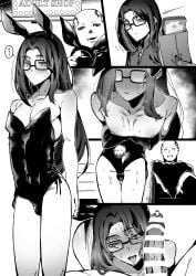 1boy 1femboy 2023 2boys 5koma alternate_version_available blush blush_lines bulge bunny_ears bunny_tail censor_bar censored censored_penis crossdressing erect_penis erection femboy feminine_male gay girly glasses greyscale leotard looking_at_penis monochrome multiple_images multiple_scenes multiple_views nanita nipples playboy_bunny prostitution standing sweat sweatdrop trap yaoi