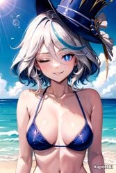 ai_generated artist_name bangs beach bikini blue_bikini blue_eyes blue_hair blue_sky blush breasts choker cleavage cloud cloudy_sky collarbone day eyebrows_visible_through_hair eyelashes eyeliner female front-tie_bikini furina_(genshin_impact) genshin_impact hair_between_eyes hat highres hoyoverse kapottai large_breasts looking_at_viewer multicolored_hair navel ocean one_eye_closed outdoors sand shiny shiny_skin short_hair silver_hair sky smile smirk smug solo standing stomach streaked_hair sunlight swimsuit symbol-shaped_pupils teardrop top_hat two-tone_hair upper_body water waves wet wink winking_at_viewer