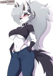 1girls animal_ears anthro big_breasts black_nose breasts busty canid canid_demon canine clothing collar demon ear_piercing eyebrow_piercing eyebrows facial_piercing female female_only fur furry goth grey_body grey_fur hair hellhound helluva_boss jeans large_breasts long_hair loona_(helluva_boss) mammal midriff multicolored_body multicolored_fur navel nipple_outline panties piercing ponytail red_sclera sebasdono solo spiked_collar spikes tail thong underwear white_body white_eyes white_fur wolf_ears wolf_tail